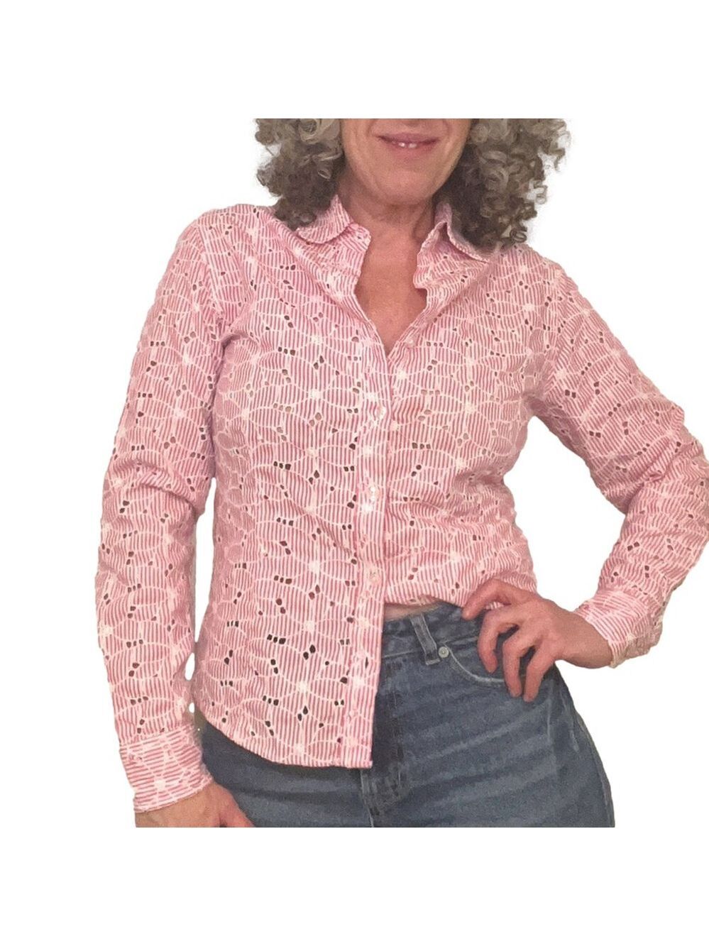 VINTAGE TABI Button Up Shirt Pink & White Striped Oxford w/ Eyelet Embroidery XS